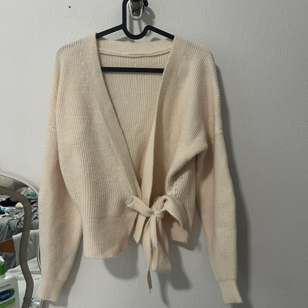 Cropped Tie Waist Cream Women's Sweater Cardigan